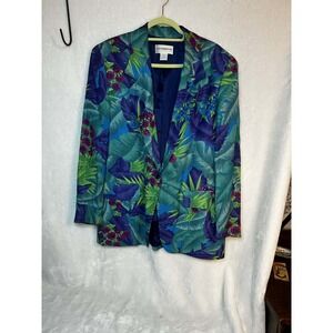 Liz Claiborne Collection Vintage Tropical Floral Blazer Blue Green Teal Sz 14